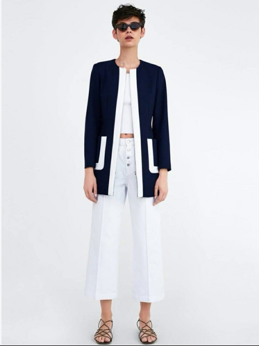 Zara Basic Two Toned Frock Coat Navy Blue White Size Large